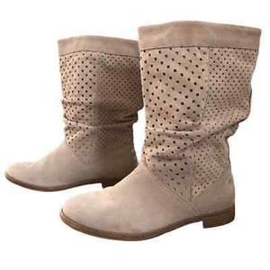 TOMS "Serra" 9 Tan Beige Perforated Suede Leather Mid-Calf Slouchy Winter Boots
